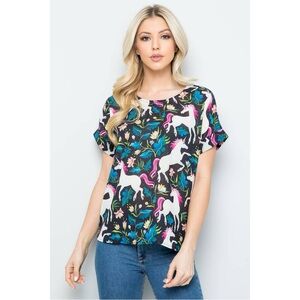 Whimsical Short Sleeve Unicorn Print Women's Blouse